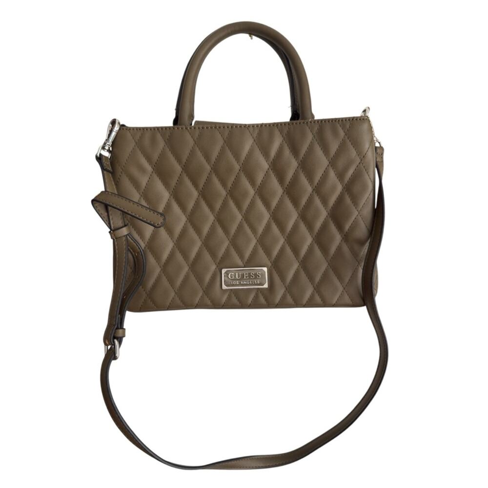 GUESS Quilted Satchel Olive Green Crossbody Bag Structured Top Handle Chic